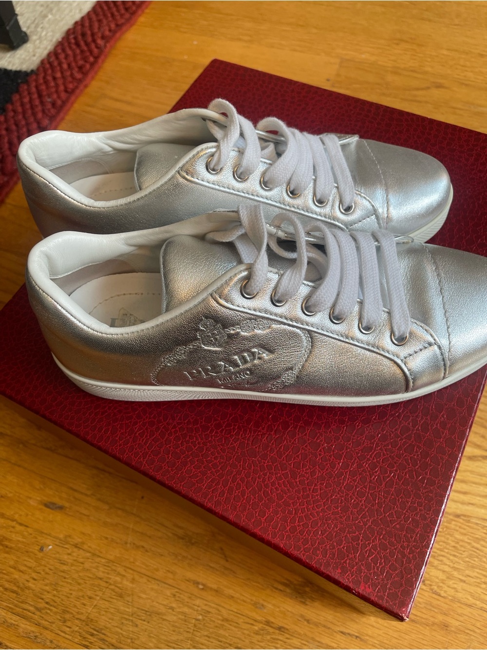 Prada | Embossed Metallic Sneakers in Silver - Picture 4 of 5